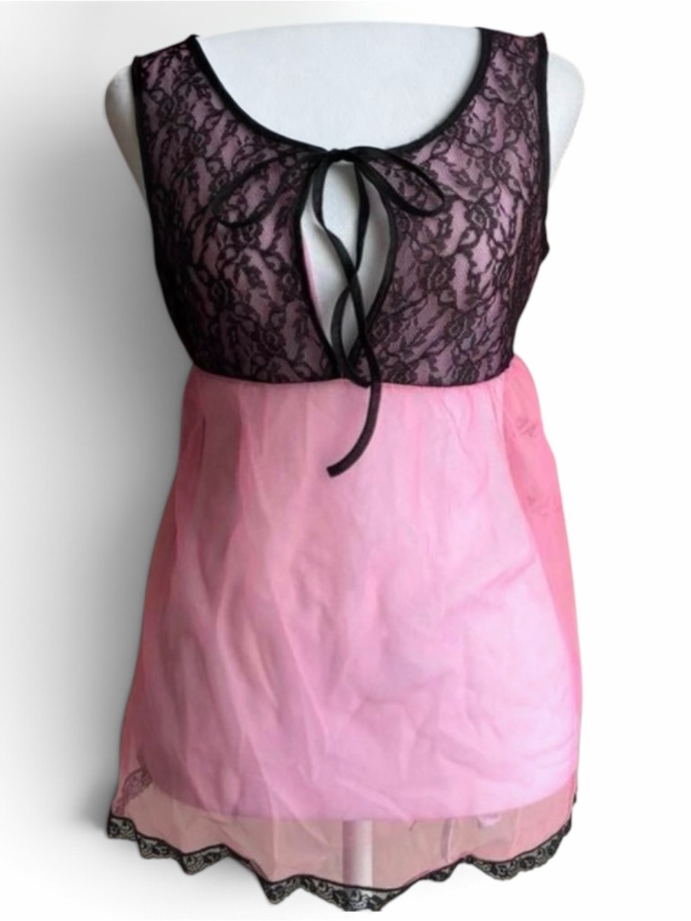 Vintage Pink Black Lace Babydoll Nightie Sheer Nylon Bow Lingerie Medium